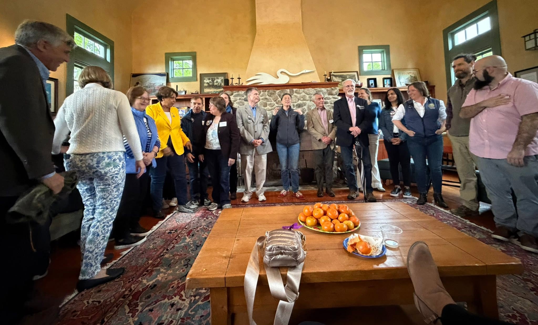 A large gathering of Sullivan County Democrats standing together around a stone fireplace